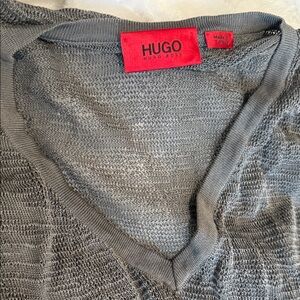 HUGO Gray Textured Knit Unisex V-Neck Sweater